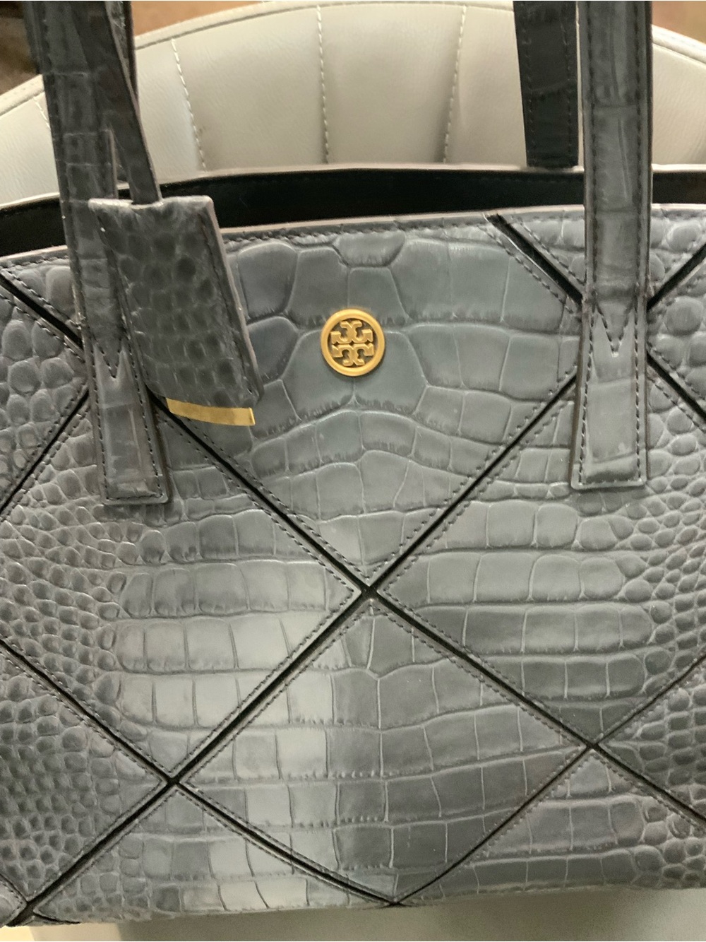 Tory Burch Gray Croc-Embossed Patchwork Tote with Gold Logo